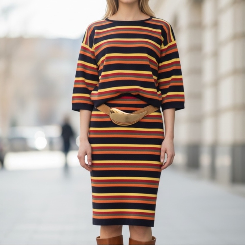Handmade 70s 80s Retro  Rainbow Striped Two Piece Skirt + Sweater Set L/M